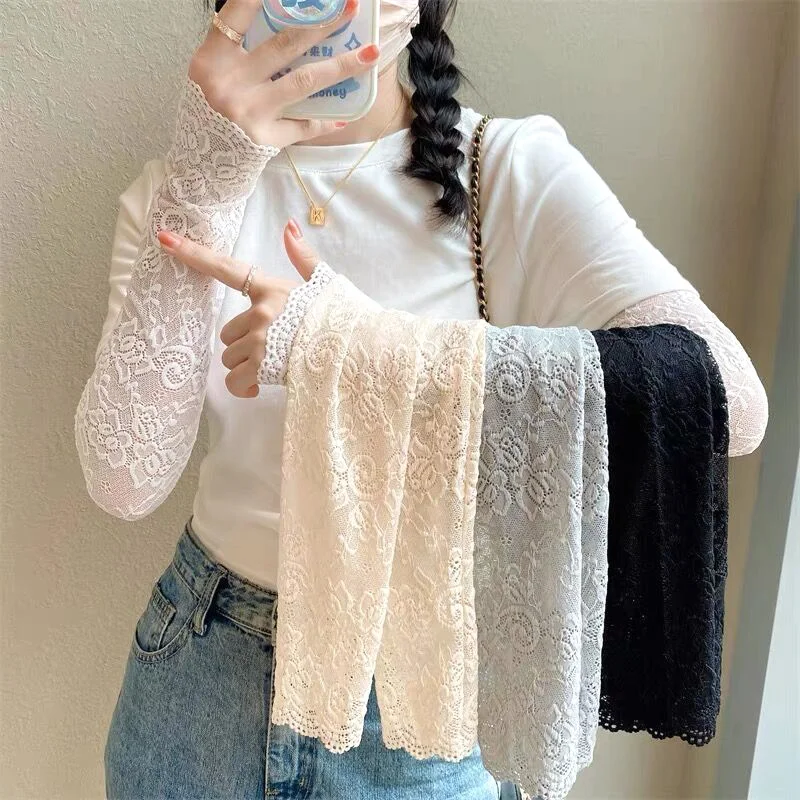 1pair Women Ice Sleeves Elastic Arm Sleeves Fingerless Long Gloves Lady Lace Arm Sleeve Sun Protection Arm Cover Fake Cuff