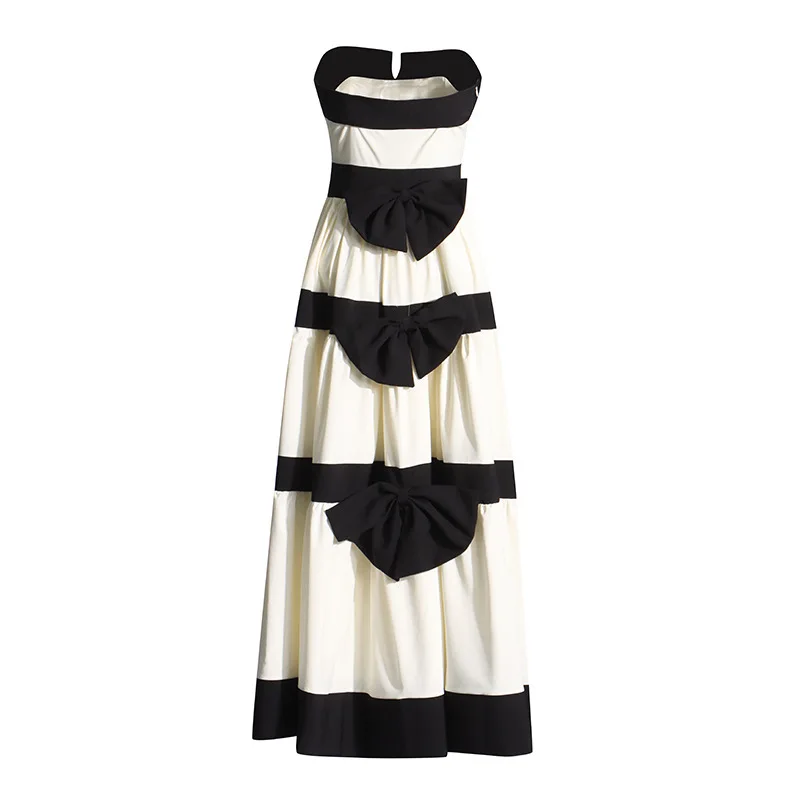 HKSH فستان نسائي صيفي جديد أنيق بدون حمالات مخطط بألوان متباينة مزين بفيونكة على شكل حرف a مطوي أنيق فساتين مثيرة HK9038