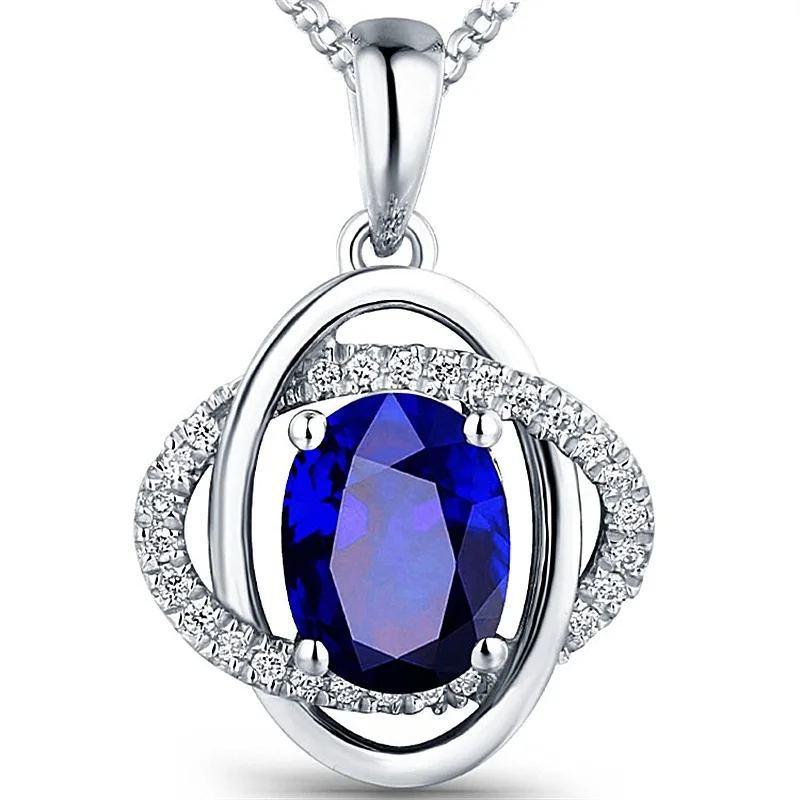 HuiSept Elegant Silver 925 Necklace Oval Shaped Sapphire Zircon Gemstones Pendant Jewelry Ornaments for Women Wedding Wholesale