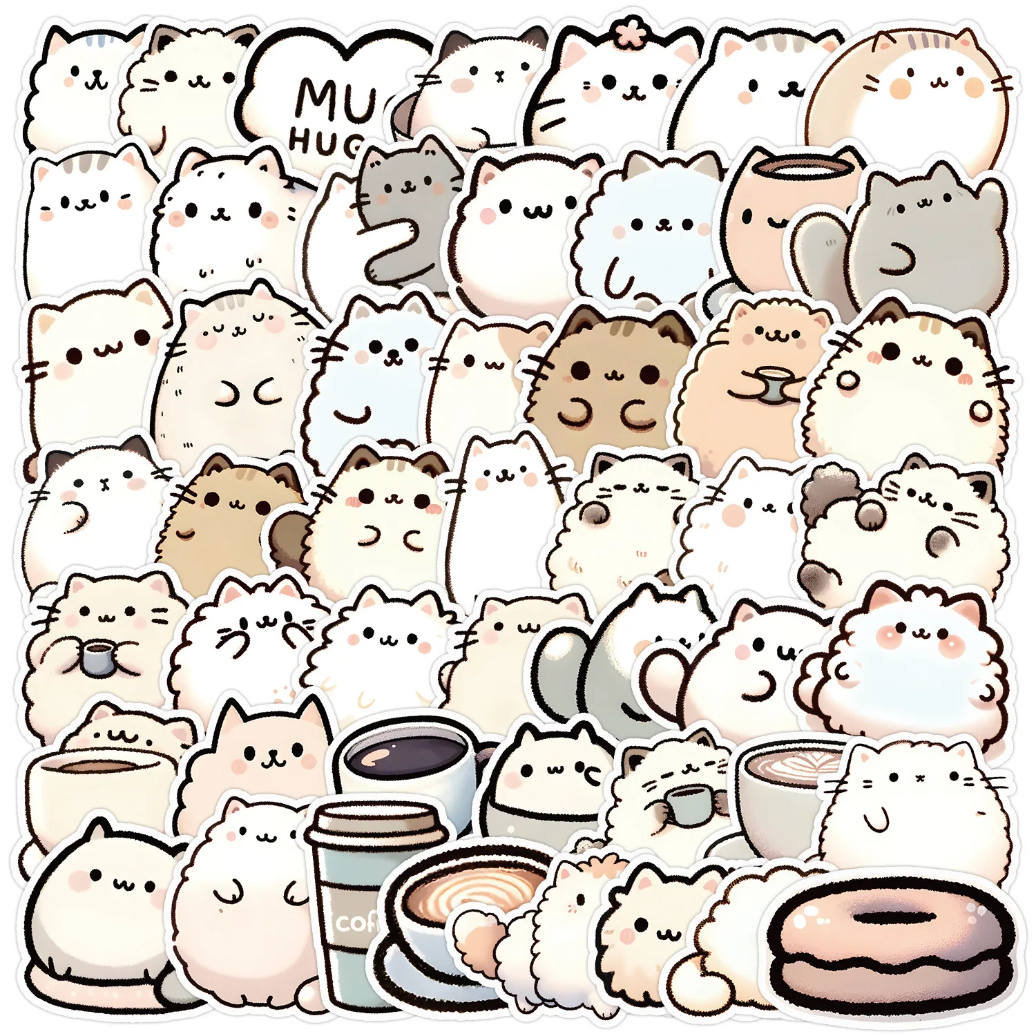 50PCS Cute Design Cat And Coffee Stickers Decals For Phone Laptop Suitcase Notebook Skateboard Waterproof Stickers