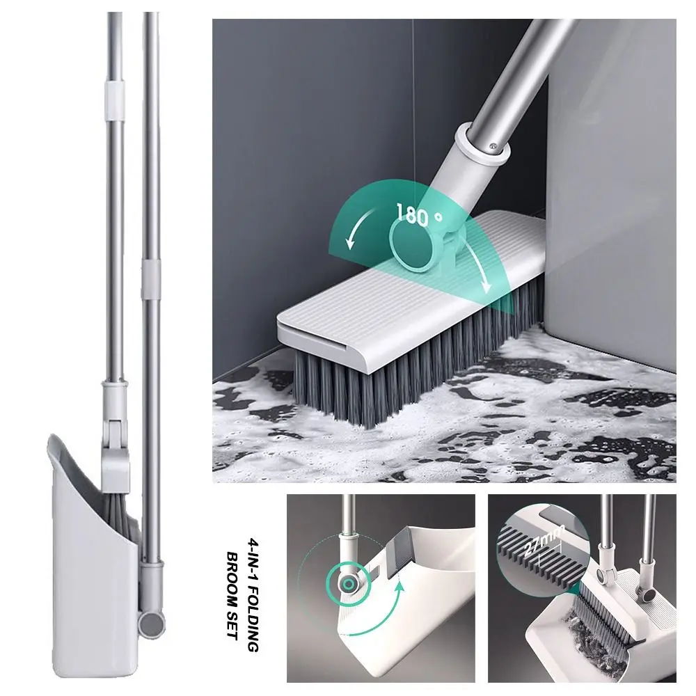 

Combo Set 4-in-1 Folding Broom Set Durable Plastic Handle Cleaning Tool Multi-Sided Cleaning Kits Hair-Free Swivel Brush