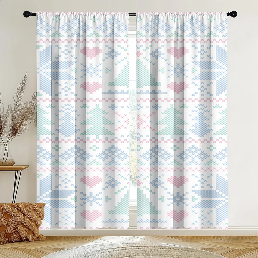 2PCS Christmas Winter Curtains, Cross Stitch Heart Tree, Digital Print, Bedroom Living Room, Rod Pocket Polyester, Home Decor