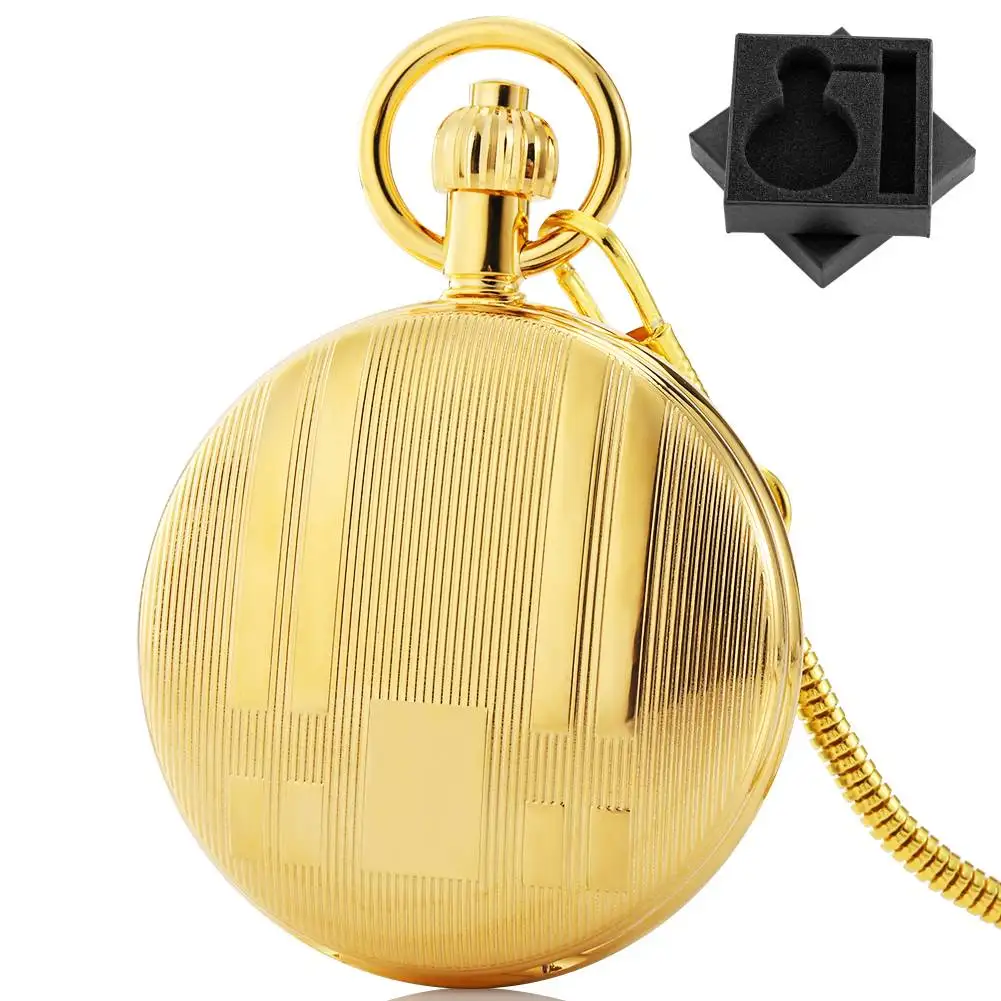 Vintage Rectangle Stripes Carved Mechanical Self Winding Pocket Watch with Arabic Numerals Dial Gold Fob Chain Pendant Timepiece
