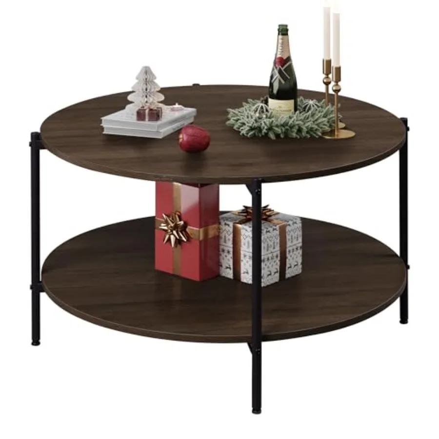 

Round Coffee Table for Living Room, 32.6" Small Coffee Table with Open Storage Shelf, 2-Tier Industrial Circle Wood Center Tabl