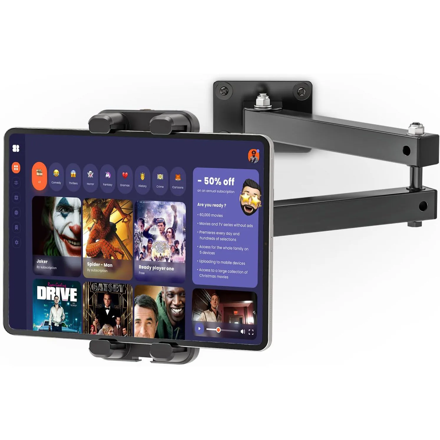 Wall Mount Tablet Stand Long Arm Stretchable Cell Phone Wall Holder Adjustable Metal Wall Stand for iPhone iPad 4-13 Inches