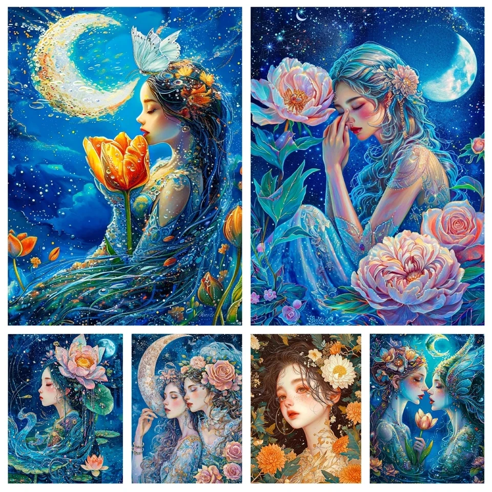 DIY Diamond Painting Art Moonlight Girl 2024 New Mosaic Crystal Flower Cross Embroidery Kit for home wall decoration handicraft