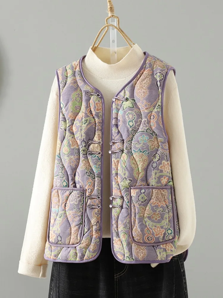 Chinese Style Wave Pattern Printed Cotton Vest Women's Winter Zen Clothes Buttonless Collar Jacket Shoulder Pad Cotton Coat