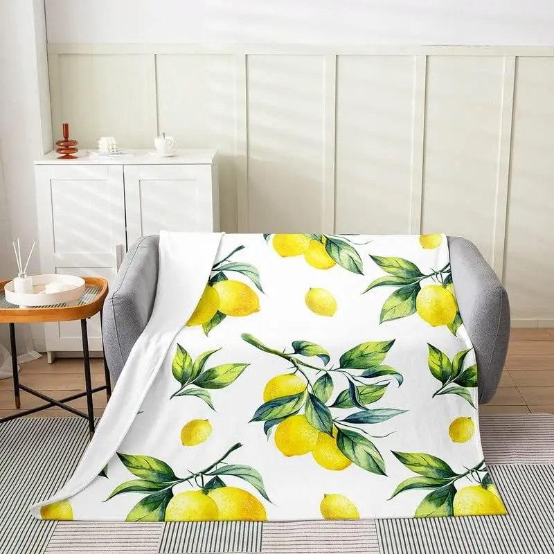 Manta de forro polar de franela de limón para niños, manta decorativa para sofá, patrón de limón botánico