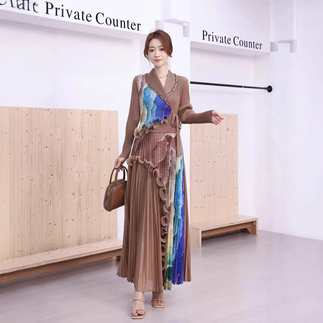 

QIAOXIN 2025 hot-selling printed dress new thin French long dress women's clothing Miyake waist dress