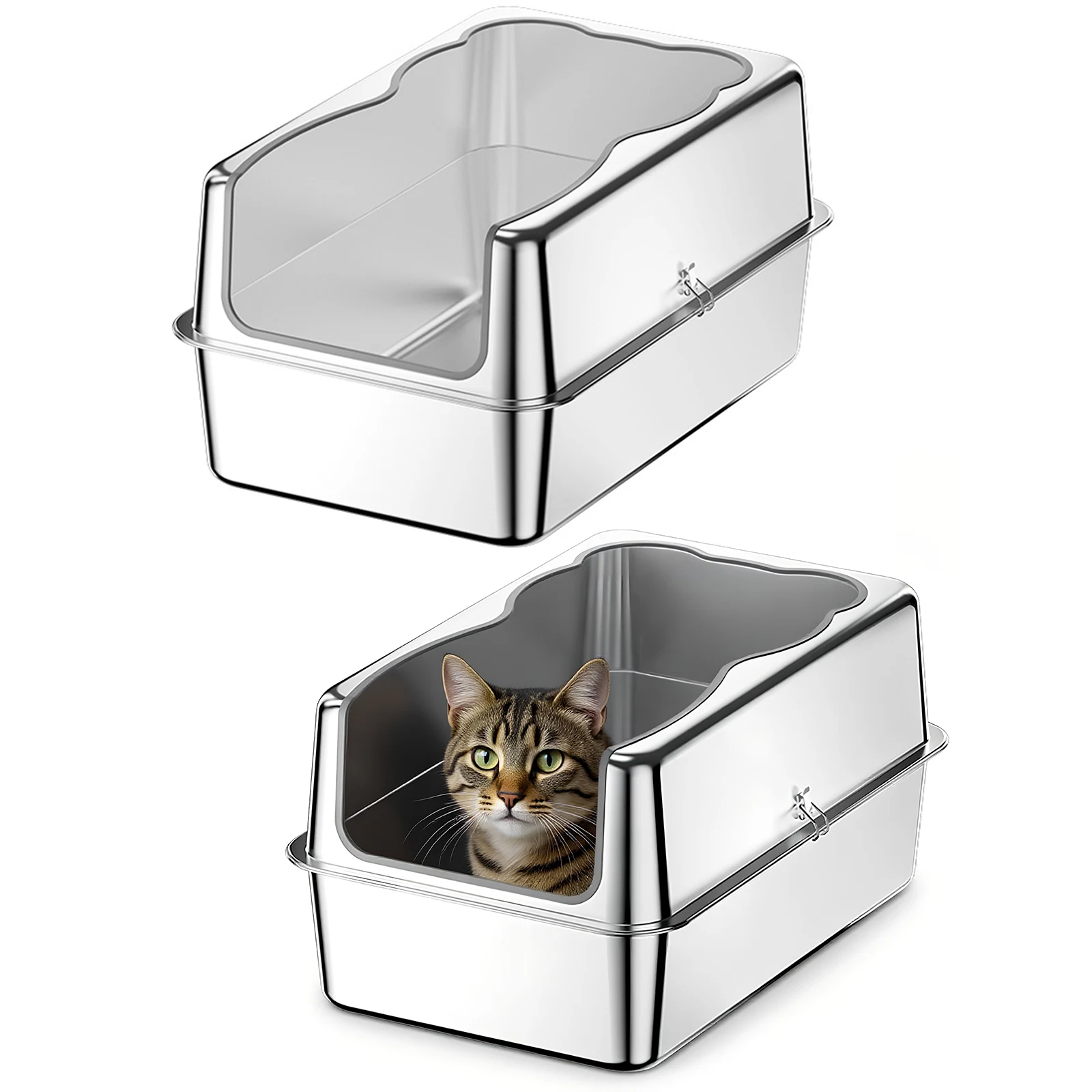 

Extra Large Cat Litter Box Anti-Urine Leakage Metal Litter Tray Stainless Steel Top Exit Metal Cat Pan for Big Cats Multiple Cat