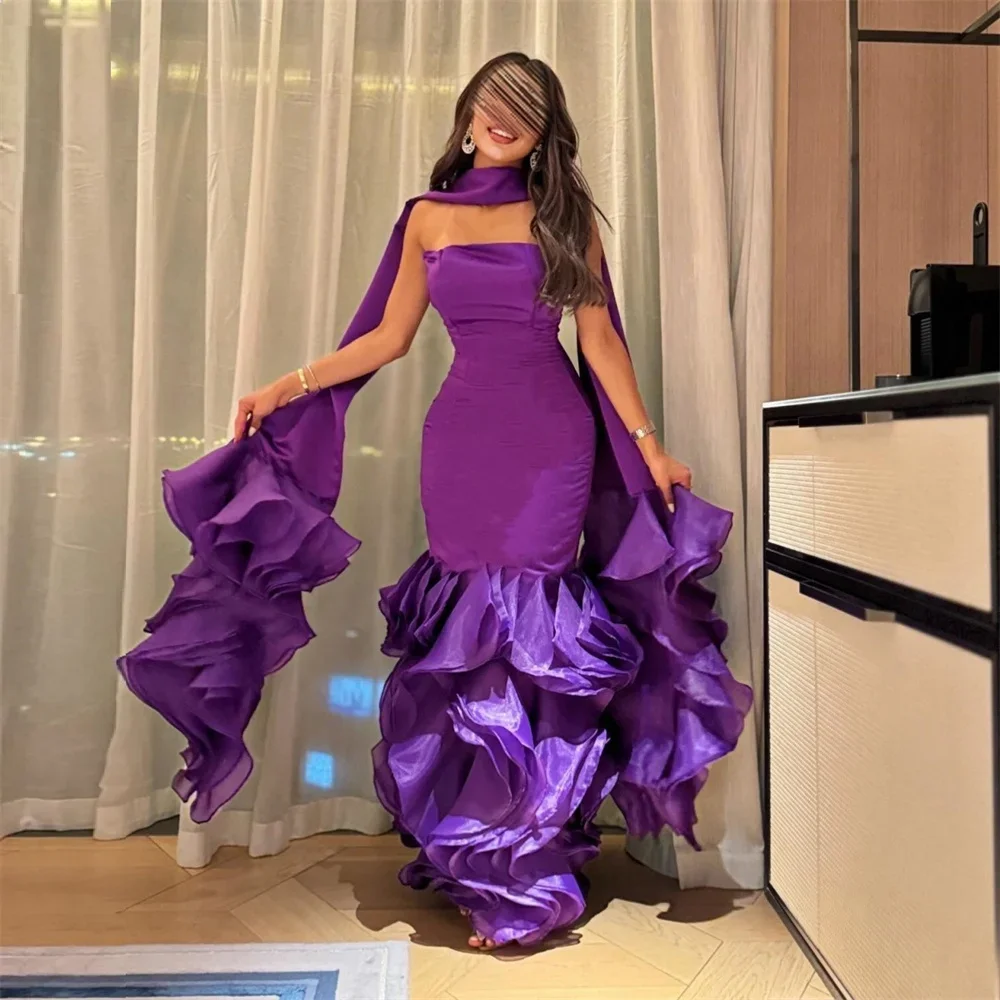 Vestido de noite personalizado, arábia saudita, formal, sem alças, trompete, comprimento até o chão, saias dobráveis em camadas, abraçando, sem mangas, contornos