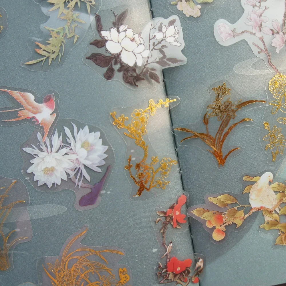 38pcs Gold Soft Flower Branch Swallow Singing Style PVC Sticker Scrapbooking DIY Gift Packing Label Decoration Tag