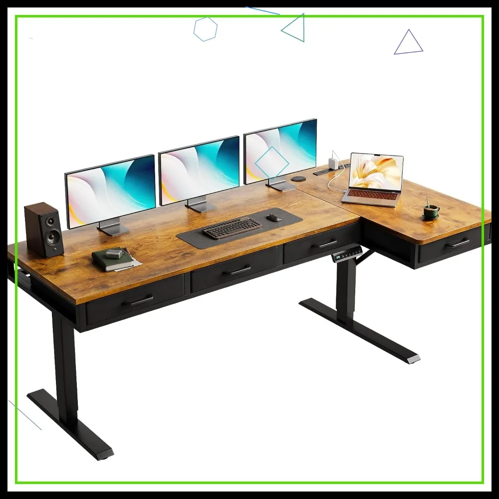 

63-дюймовый L-образный электрический регулируемый по высоте стол с ящиками и розетками для домашнего офиса