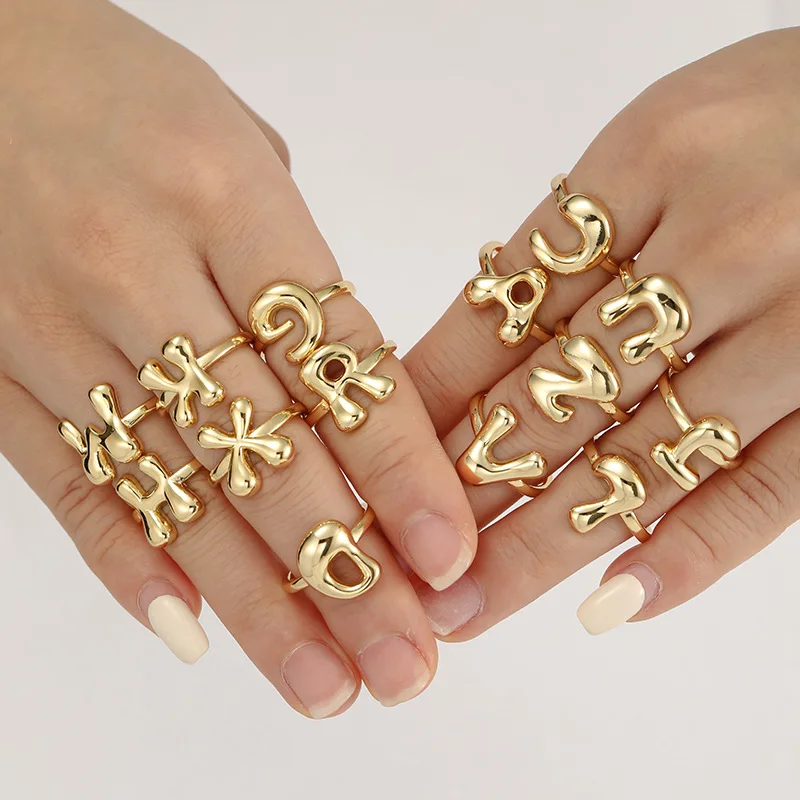 Fashion Gold Plated Chunky Letter Rings for Women Stackable Bubble Initial Open Ring A-Z Alphabet Finger Statement Jewelry