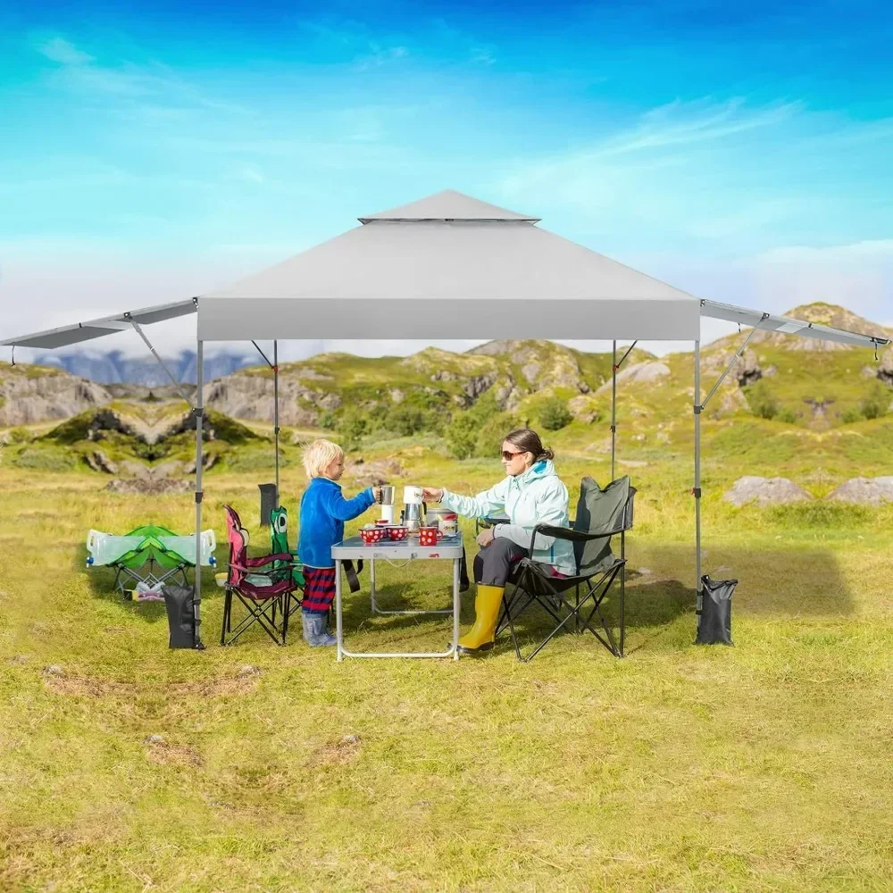 Pop Up Canopy with Adjustable Dual Awnings, 2 Tier Outdoor Canopy Tent with 8 Stakes, 4 Ropes, 4 Sand Bags