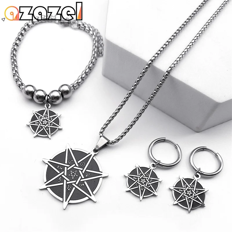 Astrology Seven-Pointed Star Heptagram Witchcraft Jewelry Set for Women Men Stainless Steel Hoop Earring Necklace Bracelet Gift