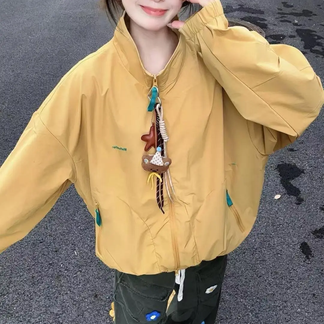 American Retro Yellow Stand-up Collar Women's 2026 Autumn New Korean Version Loose Student Versatile