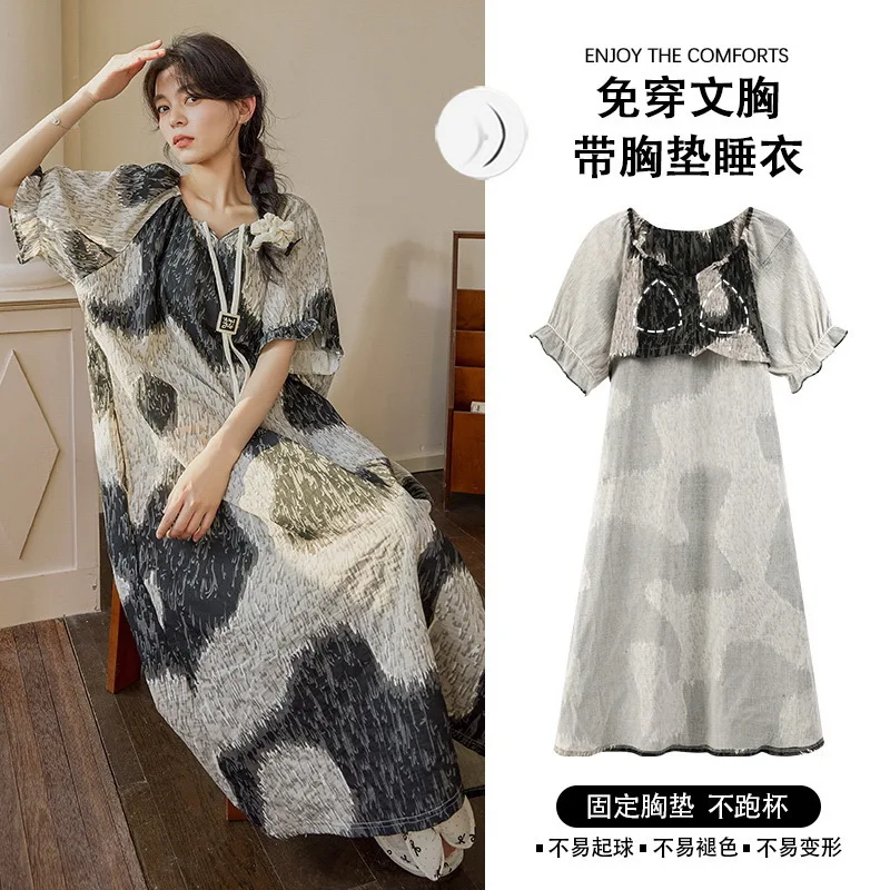 

Women Kimono Style Long Nightgown with Chest Pad Summer Thin Loose Sleep Robes Korean Flower Short-sleeved Home pajamas Dress