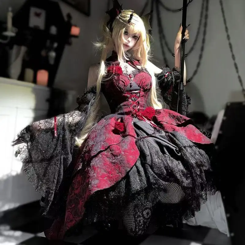 

Black Red Rose Lolita Dress Women's Gothic Style Evening Banquet Costume Halloween Party Palace Queen Cosplay Jaquard Suit COS