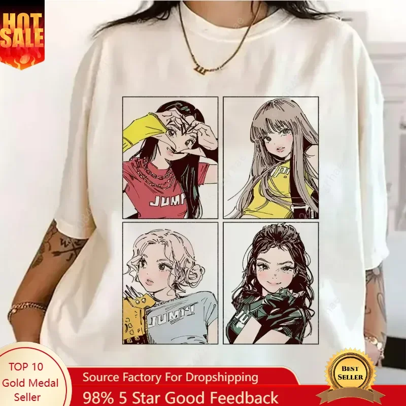 

Kpop BP Jump 2025 Tees Pink Girls Band Clothing Adorable Anime Graphic T Shirts Summer High Quality Cotton Comfortable Y2K Tops