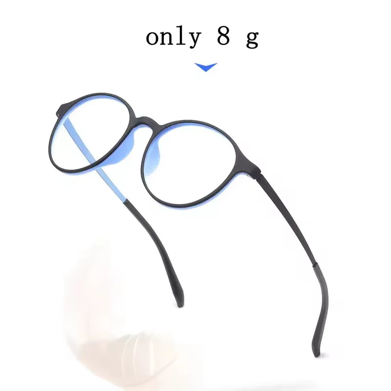 Ultraleichte Lesebrille aus Titanlegierung TR90 mit Farbblockdesign für Damen, blauer Rahmen, Retro-Rundform, Blaulichtfilter, Presbyopie 0 +100 +200 – Detail 2