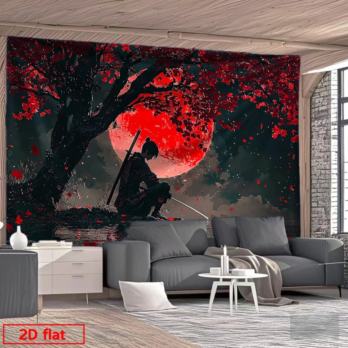Crouching Samurai Red Moon Tapestry Red Maple Tree Warrior Katana Wall Hanging, Dark Japanese Anime Art Tapestry Bedroom Decor