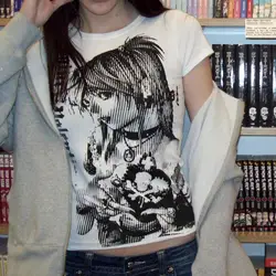 Emo Gothic aesthetic clothing Y2k top Kpop women's T-shirt 2024 anime girl T-shirt top Gothic dark girl E-girl