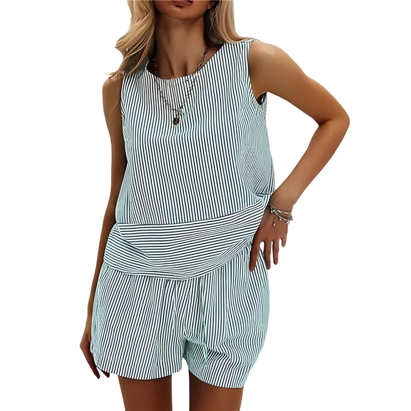 

Intuitive Women's Summer 2 Piece Outfits Sleeveless Tank Top Matching Shorts Sets Cotton Striped Sweatsuits