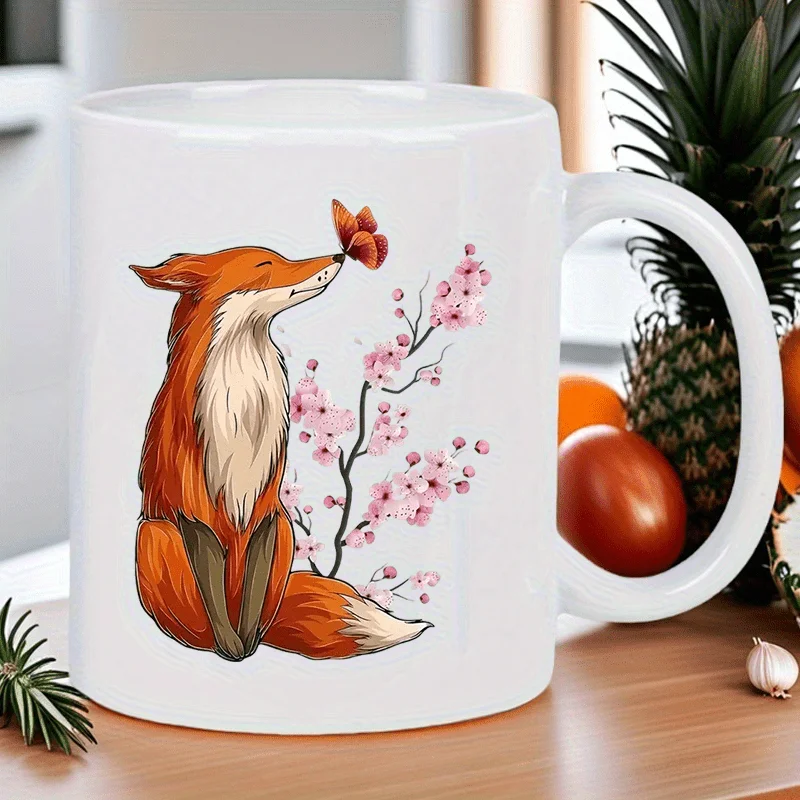 11 Oz Ceramic Coffee Cup with Fox Cherry Blossom Pattern Heat Cold Retention Reusable Travel Cup Hand Wash Only Perfect Gift For