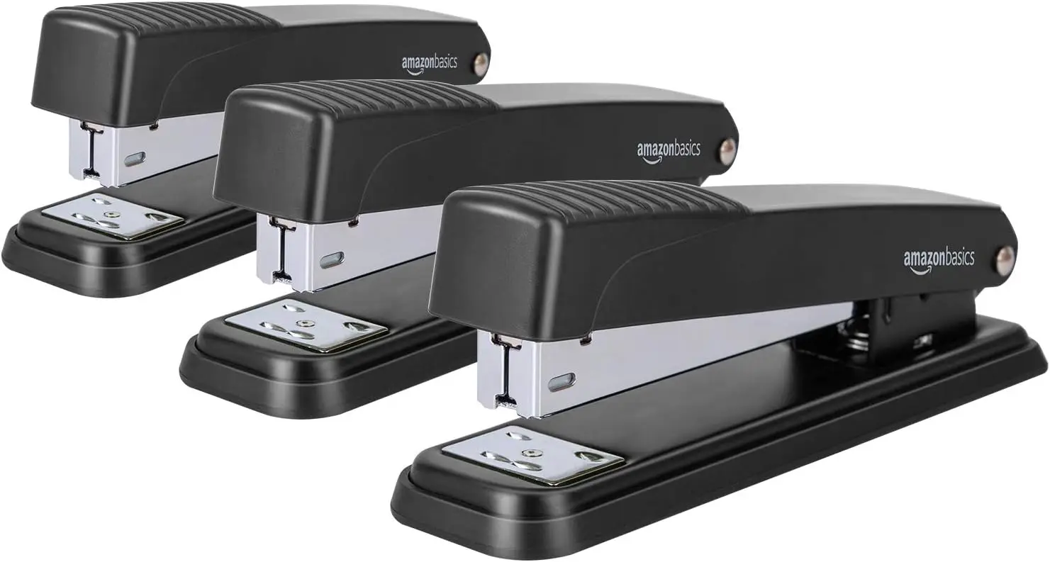 

Full-Strip Metal Office Desktop Stapler, 20 Sheet Capacity, Non-Slip Base, Black, 3-Pack
