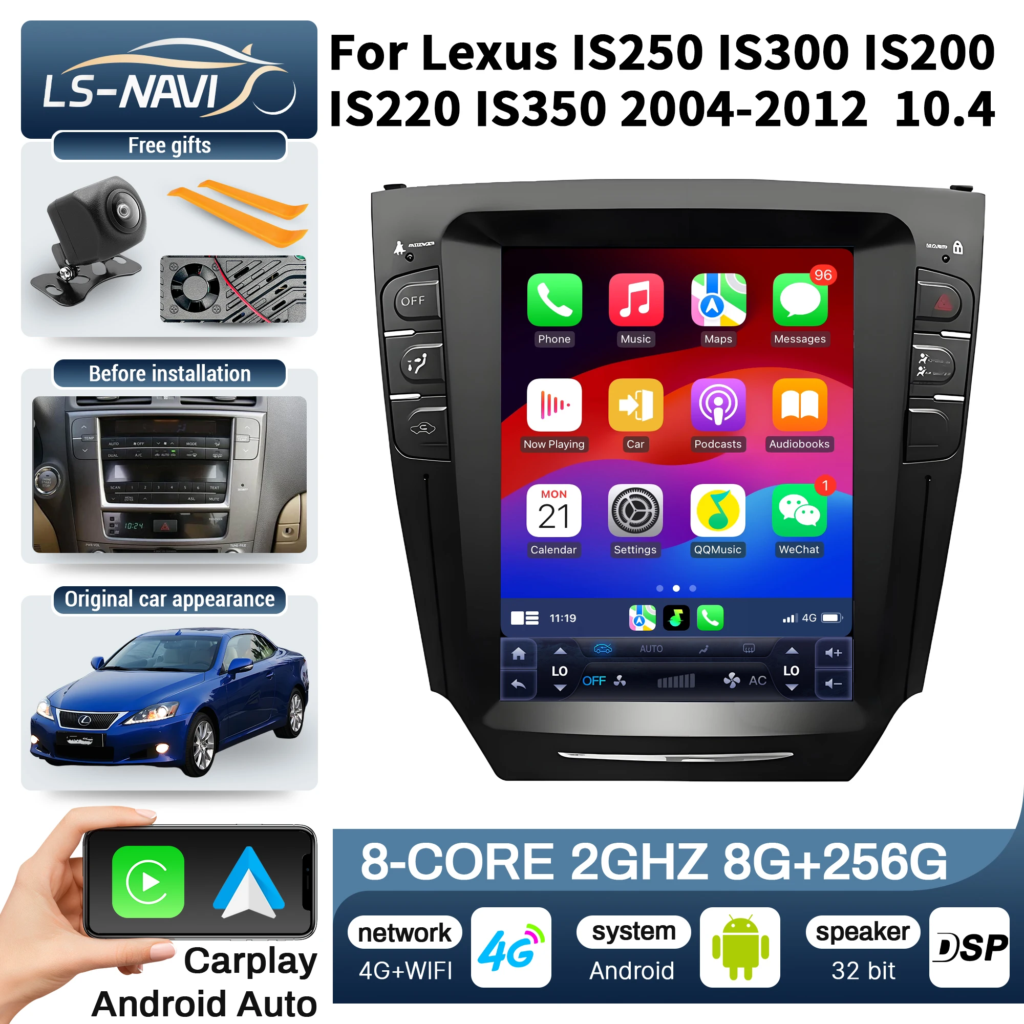 10.4' Car Radio for Lexus IS250 IS300 IS200 IS220 IS350 2004-2012 Touch Screen Stereo System with Wireless BT CarPlay