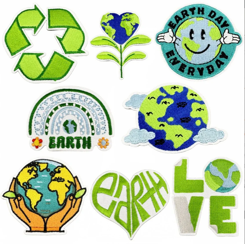 2025 New Patches 10 Pcs Love Earth Recycle Badges Embroidered Iron On Clothing Hat Bag Shoe Repair Phone Gift Box Decor DIY