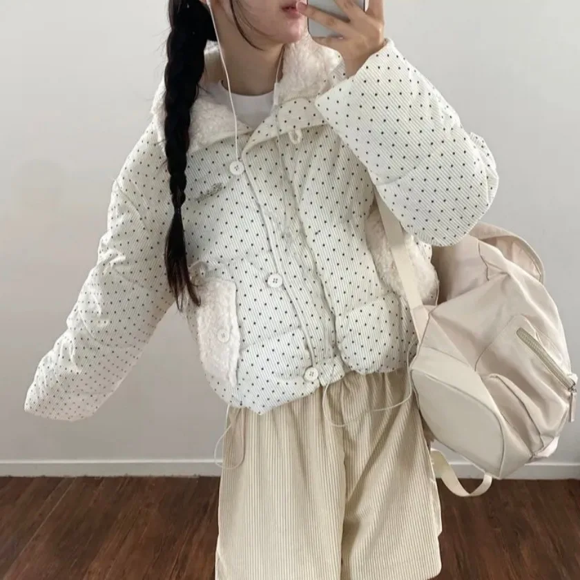 

Chic Oversized Bread Sle Coat with Thiened Corduroy Polka Dot Design And Fur Collar for Women Spring Autumn Winter Outerwear