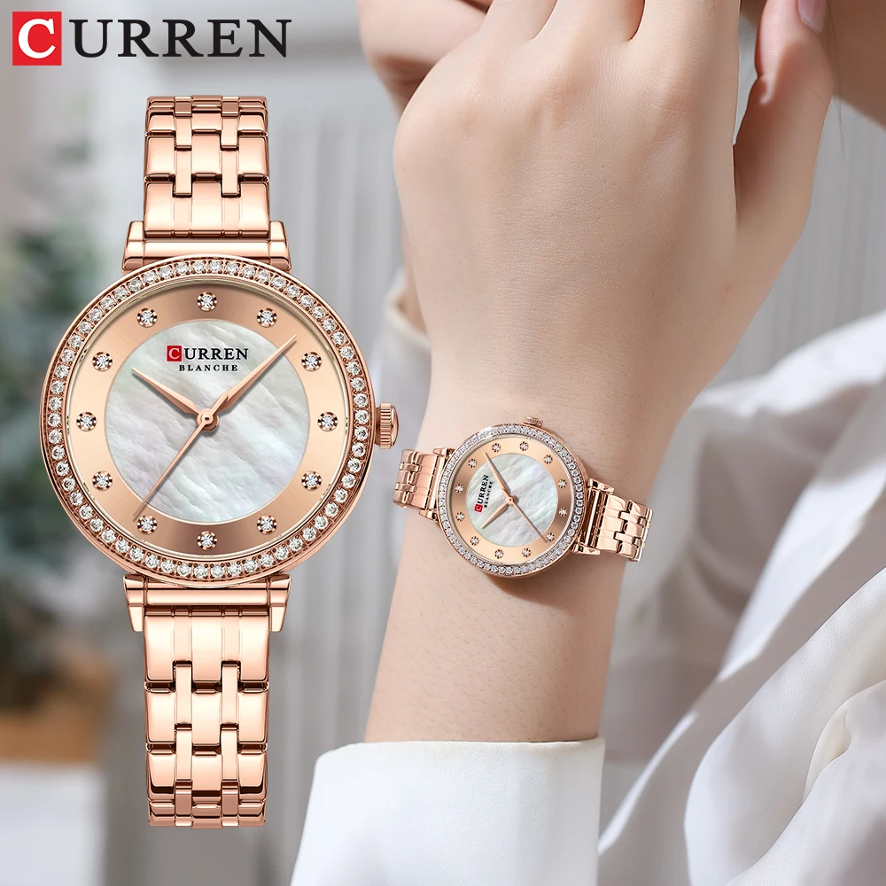 CURREN New Ladies Quartz Watches with Shells Dial Stainless Steel Bracelet Wristwatch for Women Luxury Rhinestones Clock