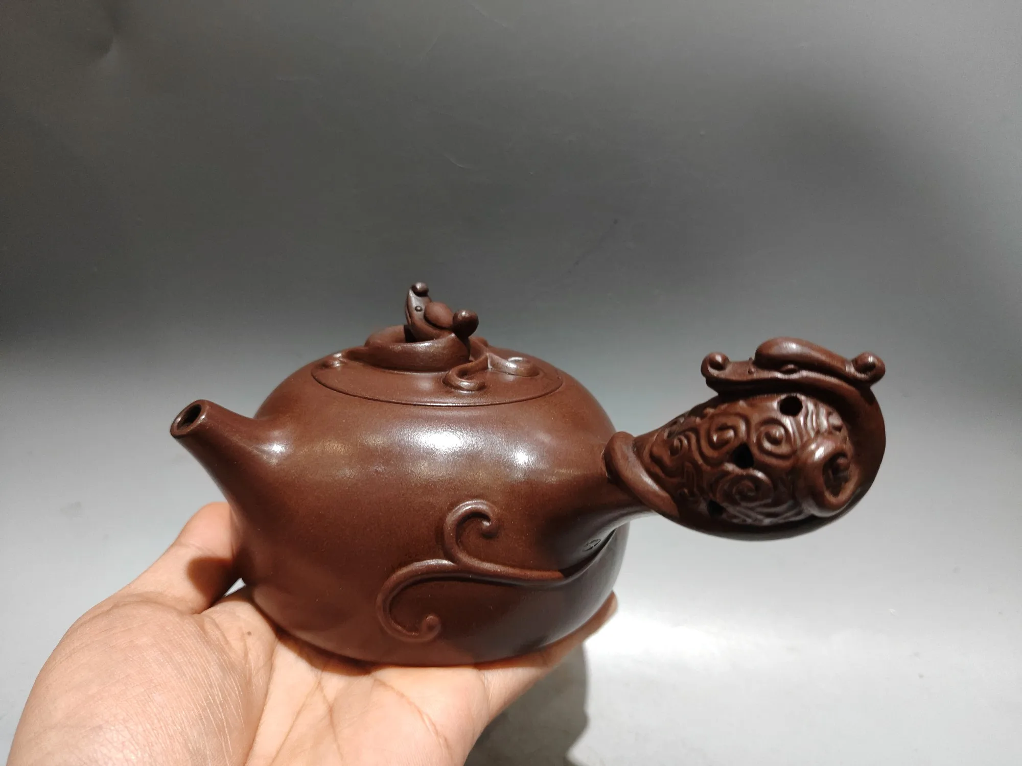 Old Chinese Handicraft Enameled YiXing Zisha (red stoneware) Teapot,A side-handled teapot with an openwork dragon design