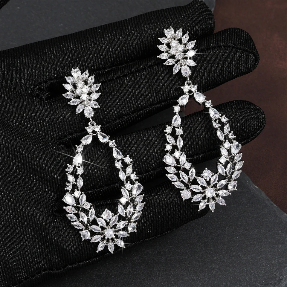 Uilz Geometric Floral Hollow Water Drop Dangle Earrings For Women Exquisite Brilliant Zircon Fashion Wedding Jewelry