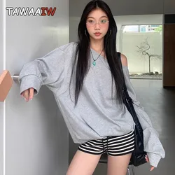Tawaaiw Casual Off Shoulder Y2k Hoodie Solid Loose Long Sleeve Harajuku Autumn Tops Women's Sweatshirts Chic 2000s Streetwear