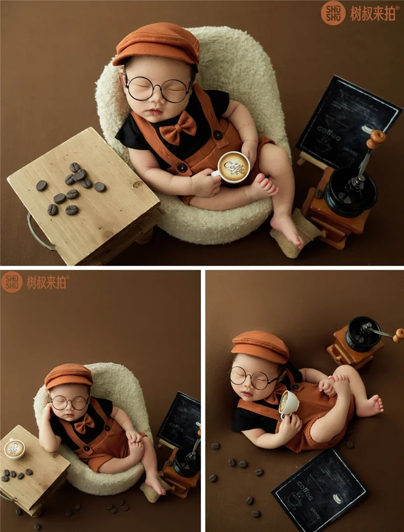 Newborn Photography Props for Baby Boy Coffee Theme Set Outfit Coffee Machine Side Table Fotografia Studio Shooting Photo Props