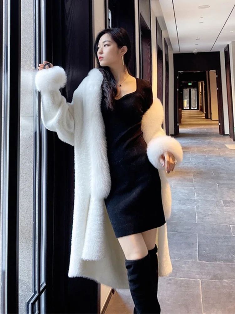 Autumn Winter Imitation Mink Fur Coat Fur Collar Placket Cuffs Knitted Cardigan Loose Fitting Slim Fox Fur Coat Women's Clothes