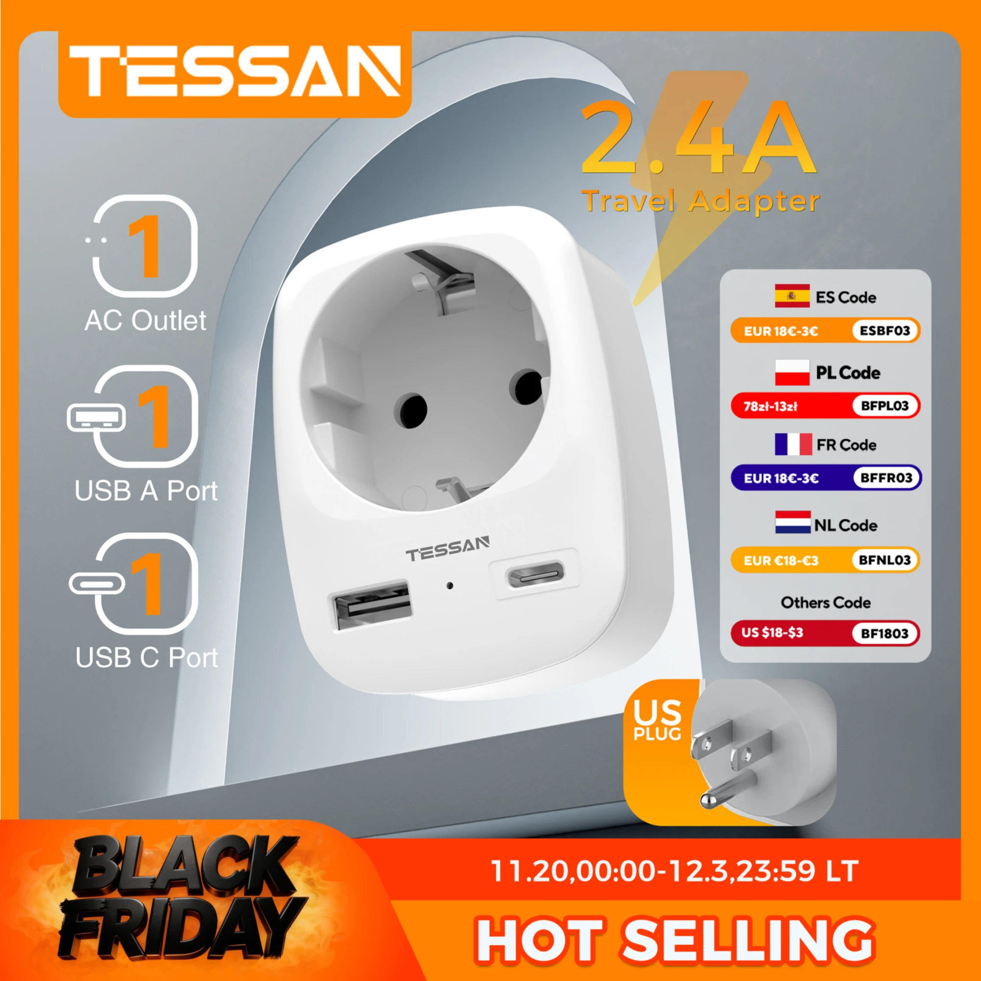 

TESSAN Travel Adapter USA Adapter America Europe Plug with USB C 3A Socket Adapter Travel Plug Power Adapter for Canada Mexico