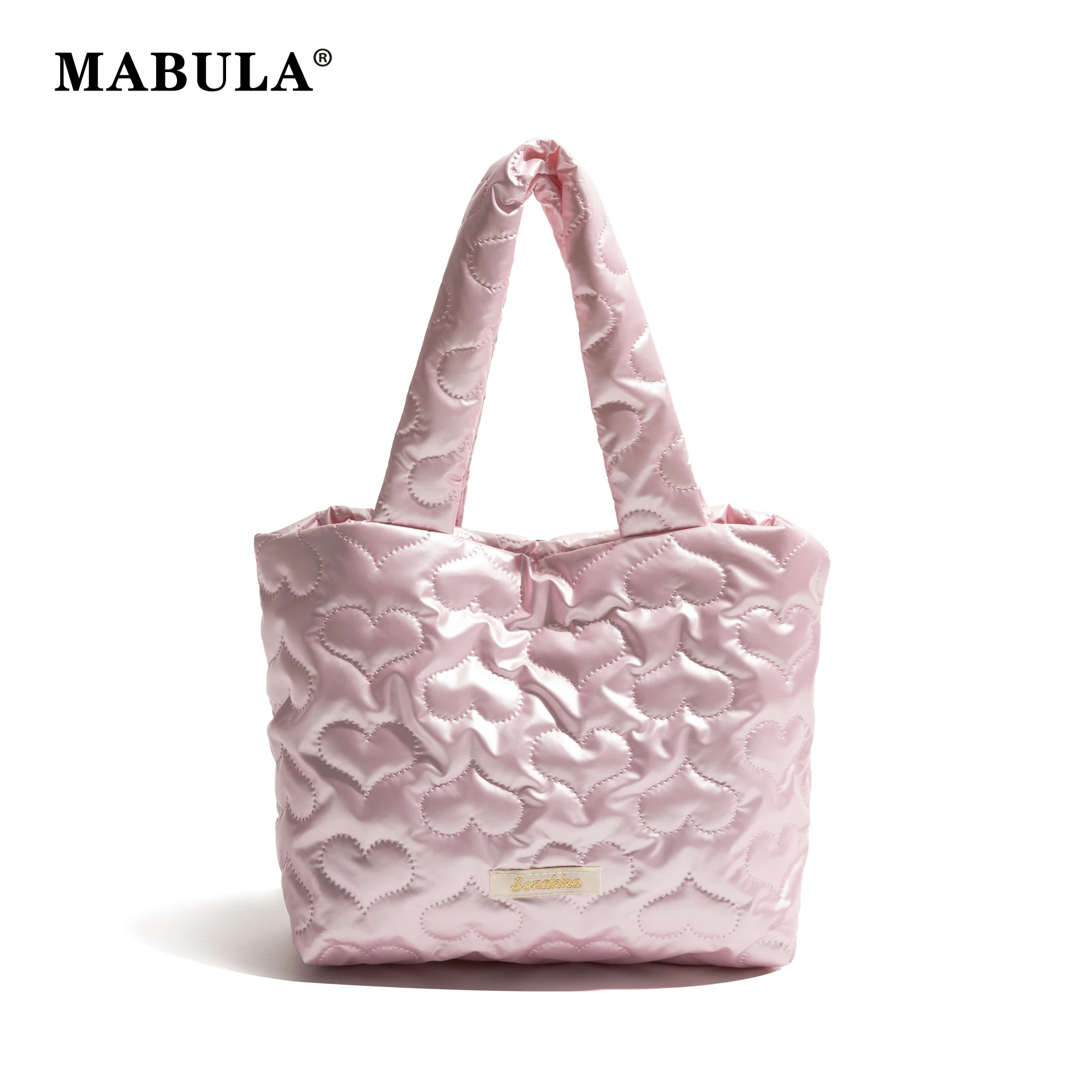 MABULA Shiny Nylon Women Large Capacity Tote Bags Heart Bowknot Quilted Cotton Shoulder Bag Solid Color Handbag Commuter Bag