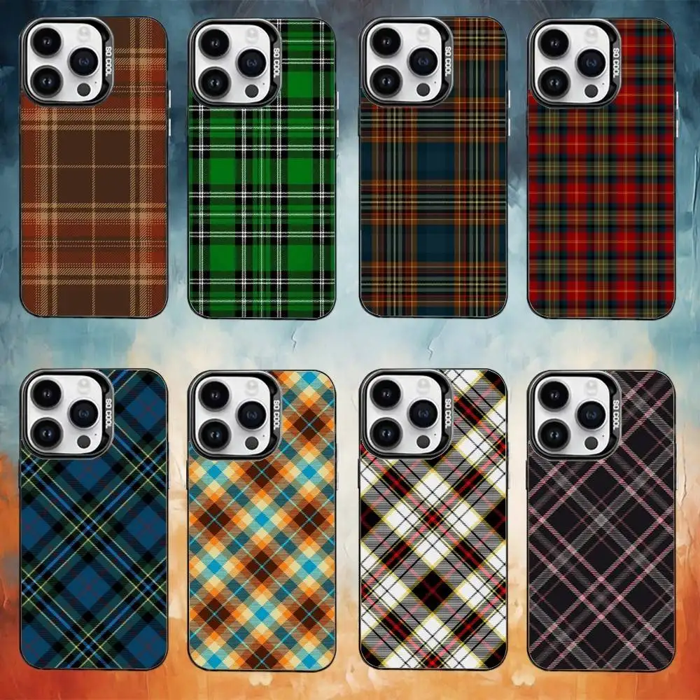Capa de telefone de tecido xadrez escocês para iPhone17,16,15,14,13,12,11 Plus, Pro Max Black Candy Matte Capa à prova de choque