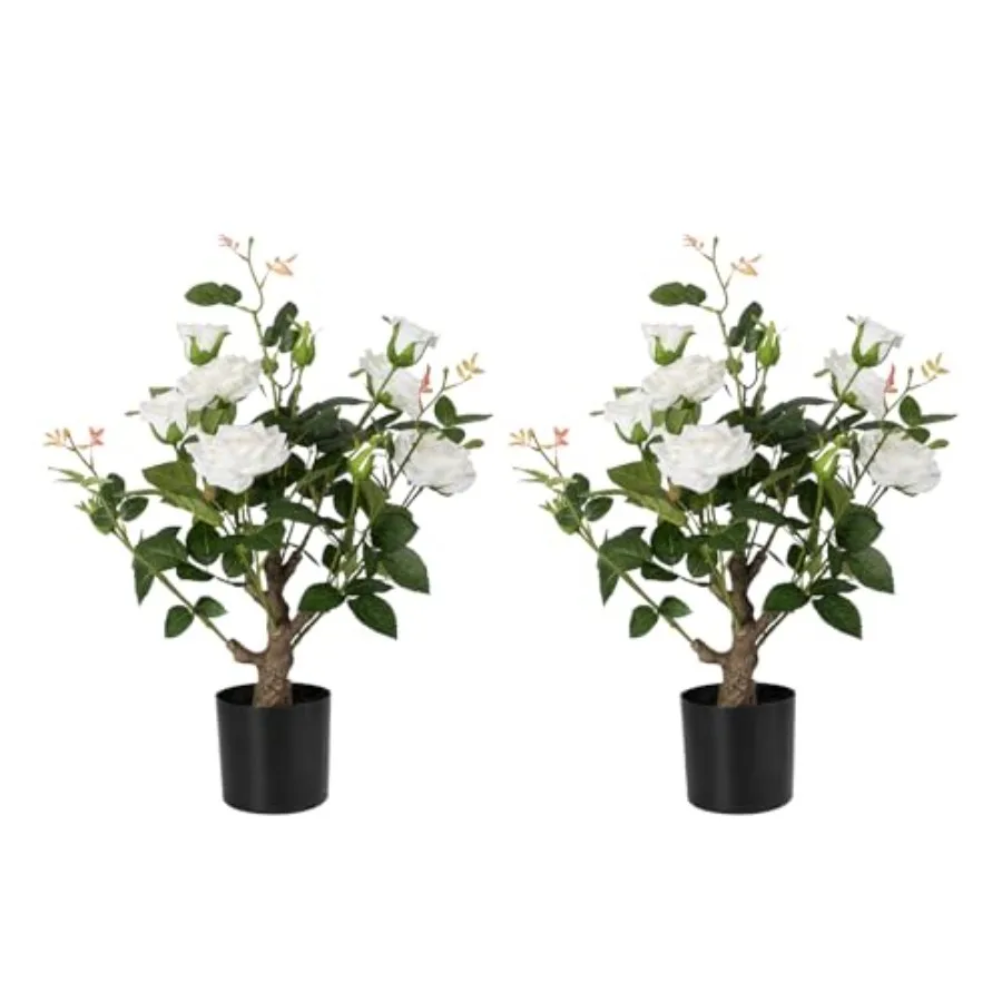 

24'' Artificial Rose Tree, 2 Pack Faux Plants with Flowers and Green Leaves, 2Feet Silk Potted Tree for Indoor Outdoor Home Off