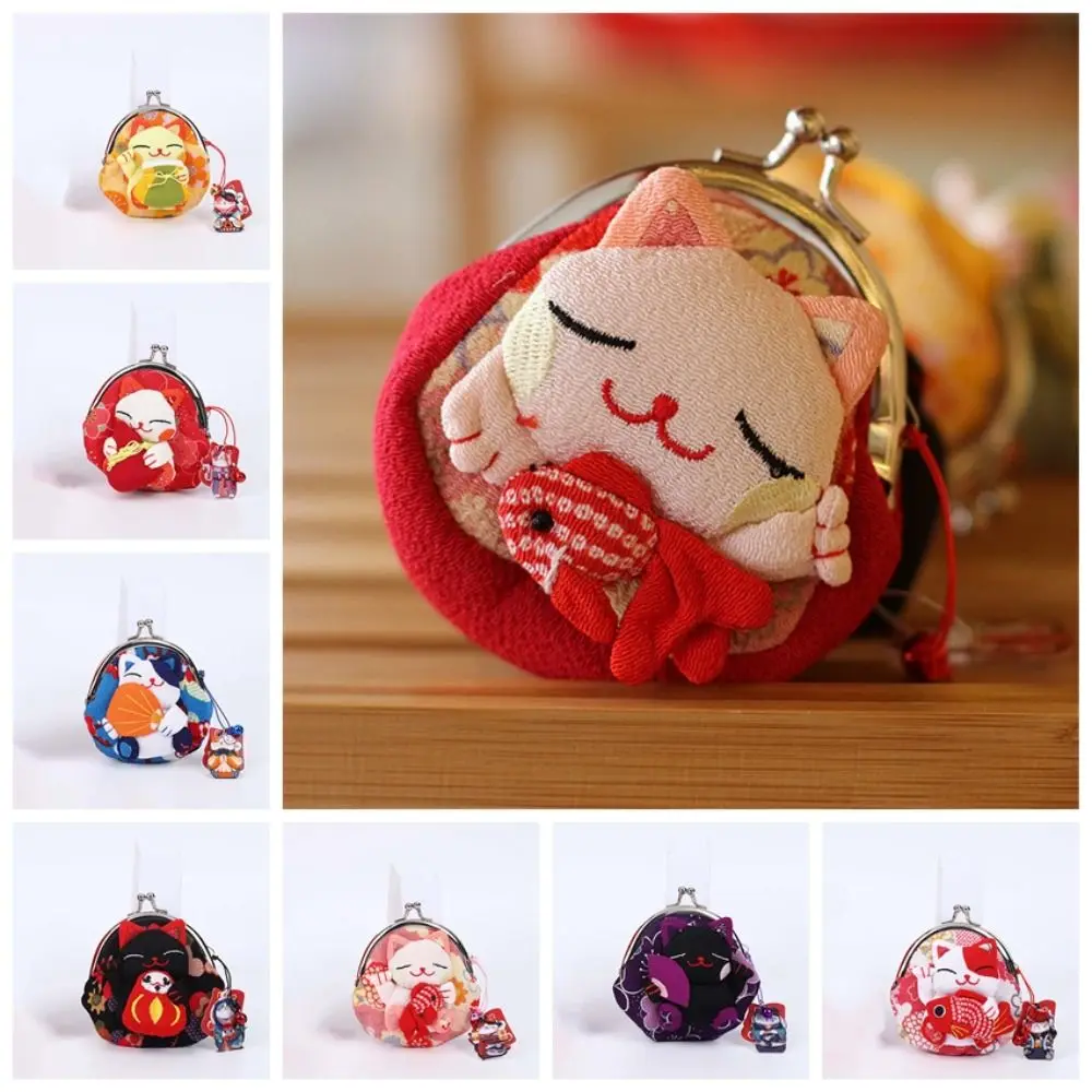 Retro Japanese Style Maneki Neko Coin Purse Flower Printing Wallets Lucky Cat Clutch Bag Doll Storage Bag Card Holder Men