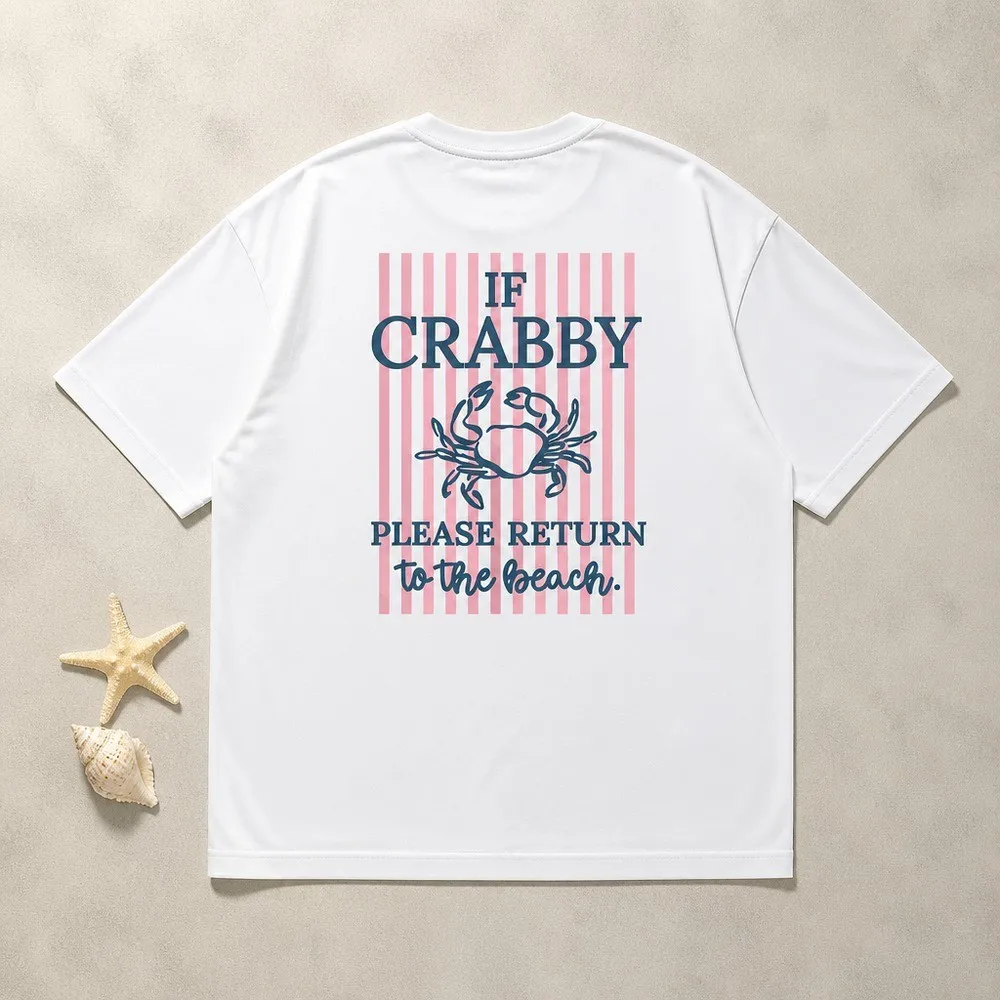 Double-Sided Print Women's Fashion Top, Women's Summer Clothing, Fresh Style, Crab Striped IF CRABBY Printed Round Neck Pure Short Sleeve T-Shirt