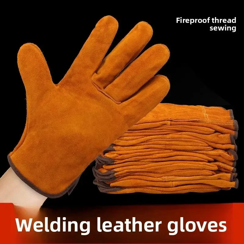 Welding Gloves 2-Layer Cowhide Heat Resistant Flame Retardant Protective Work Gloves Faux Fur Lining TIG MIG Arc Welding Safety