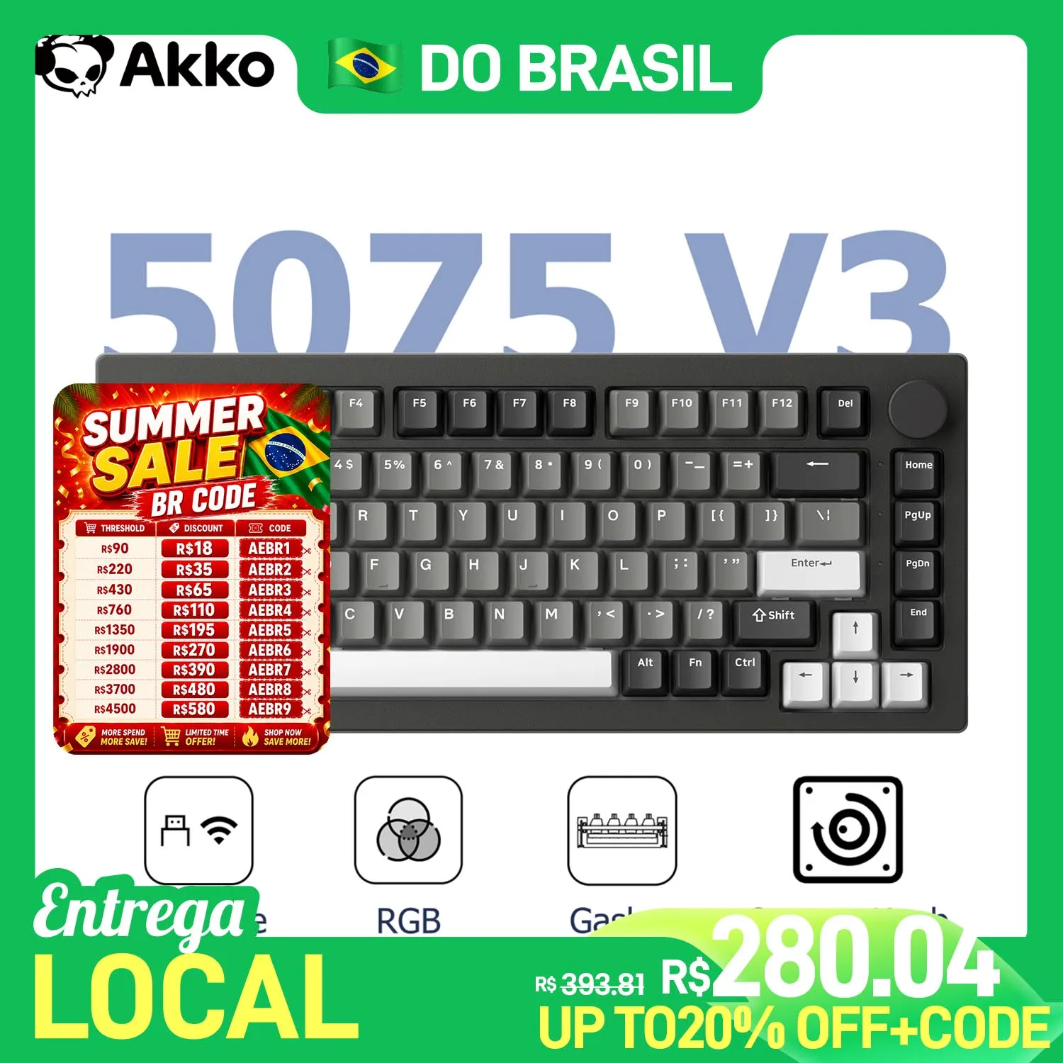 Teclado Mecânico Akko 5075 V3 com Botão, Hot Swap, RGB, Bateria de 8000mAh, USB Tipo-C/2.4g&BT5.0, Teclado Personalizado para Jogos