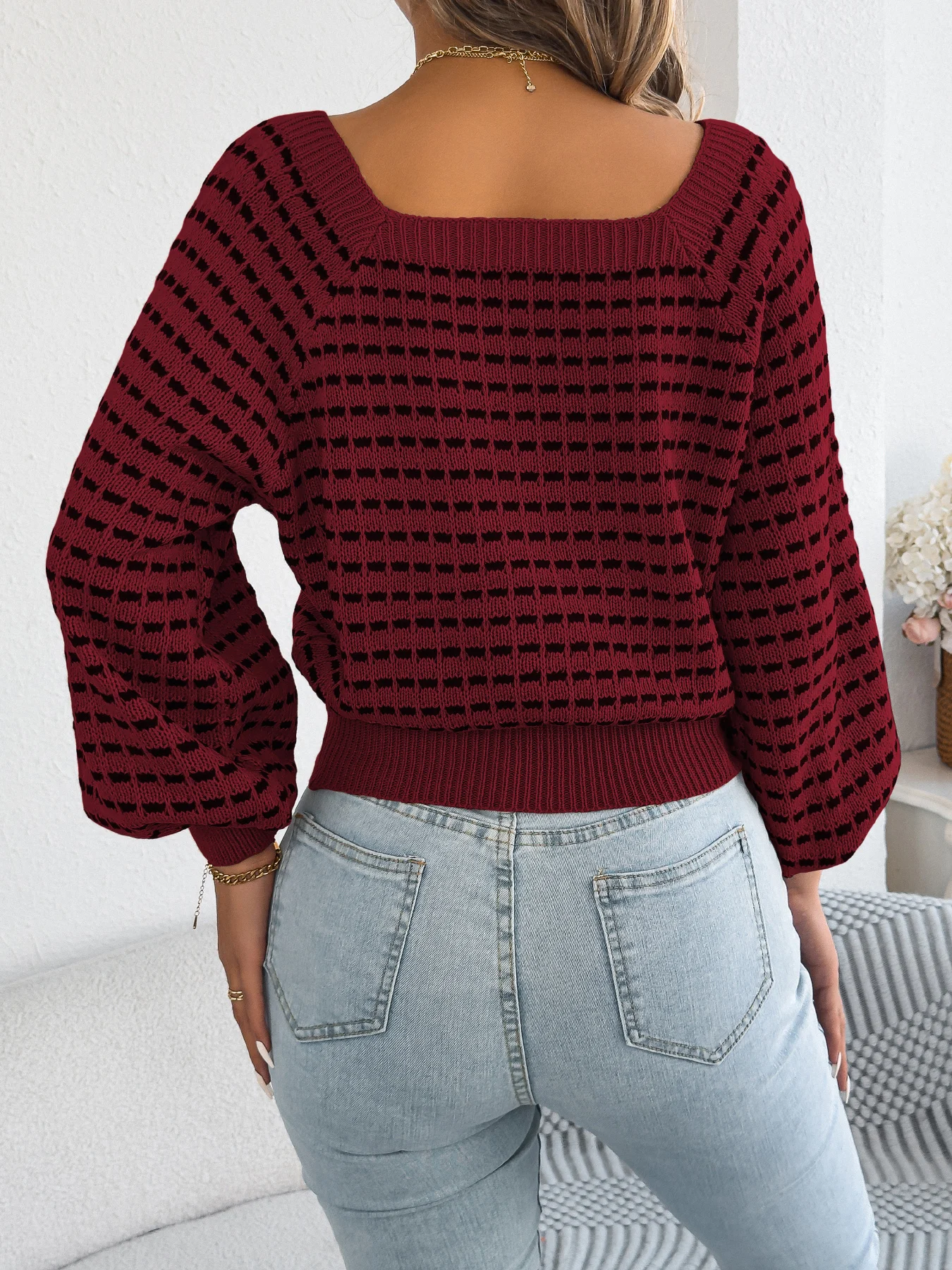 Damen-Pullover mit quadratischem Ausschnitt, gestreift, Farbblock, tailliert, langärmelig, für Herbst und Winter, Getaway-Strickoberteil