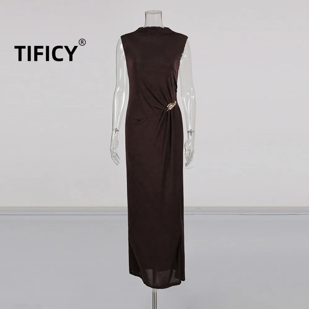 

High Street Deep Brown Sleeveless Long Dress Summer New Women's Clothing Metal Buckle Slit Sliming Party Dress