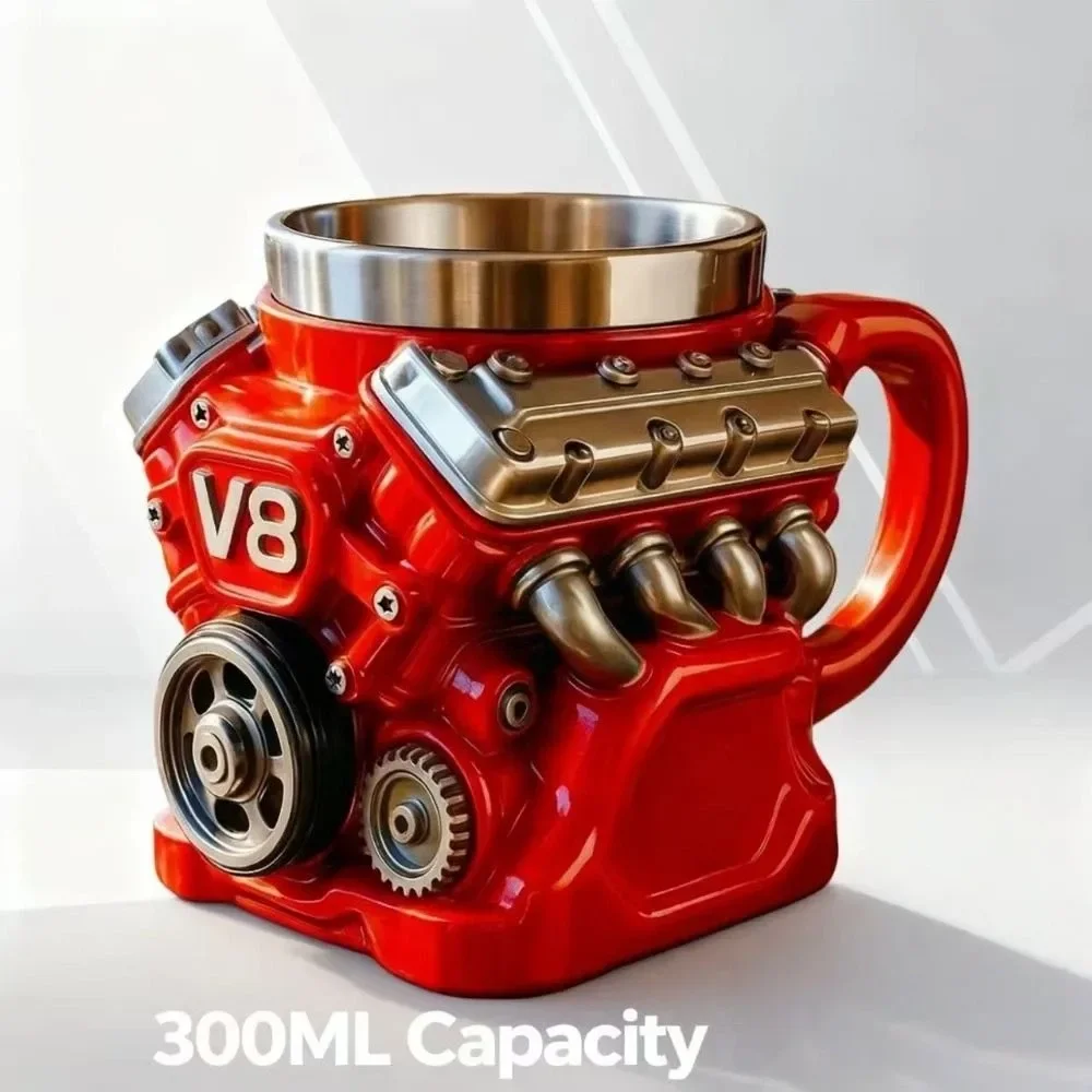 

Handle Realistic Design Insulation Car Mug Retro Engine Coffee Mug Double Wall 300ML V8 Engines Stainless Steel Cup with